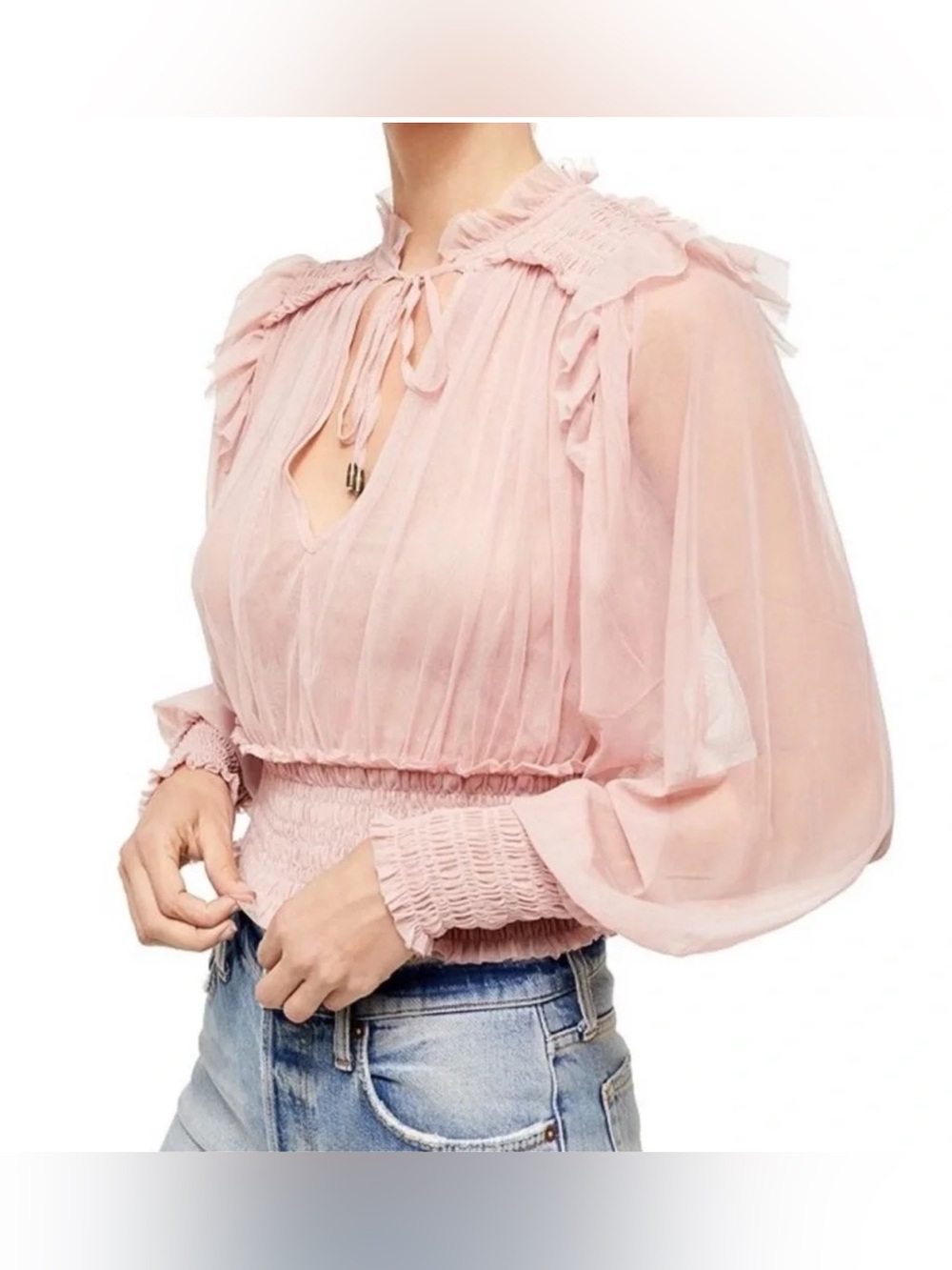 Free People Twyla Pink Sheer Smocked Tie Neck Boho Too Shirt S NEW